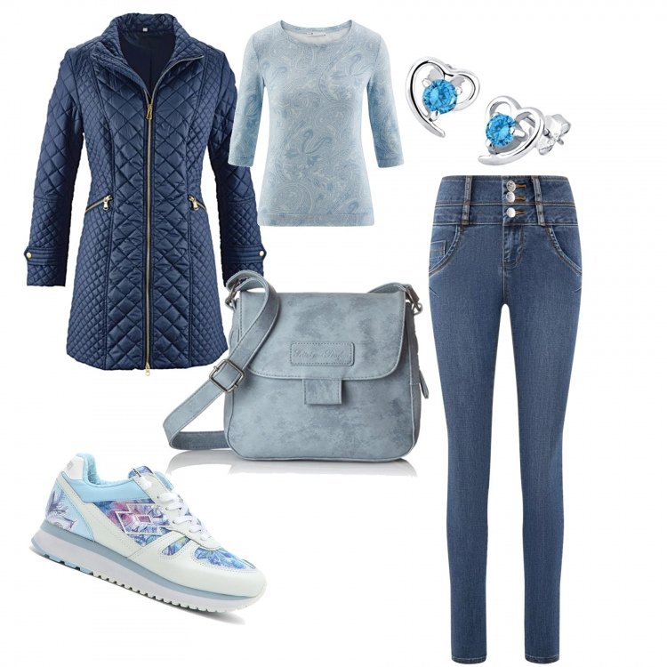 Outfit donna - Urban #668. Stile Urban per Tutti i giorni. Abbinamento con blazer, sneakers fantasia bianco, maglia sport con stampa girocollo aderente blu, jeans skinny vita alta aderente blu, borsa a tracolla blu, orecchini con zirconia in argento 925 certificato autenticità.