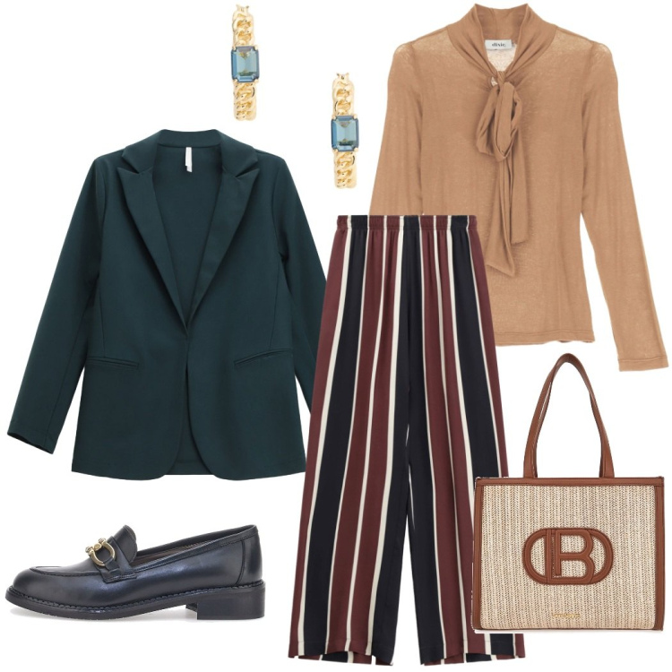 Outfit donna - Autunno in città. Stile Casual chic per Ufficio. Abbinamento con blazer, pantaloni a palazzo, top, orecchini, mocassini, borse a spalla.