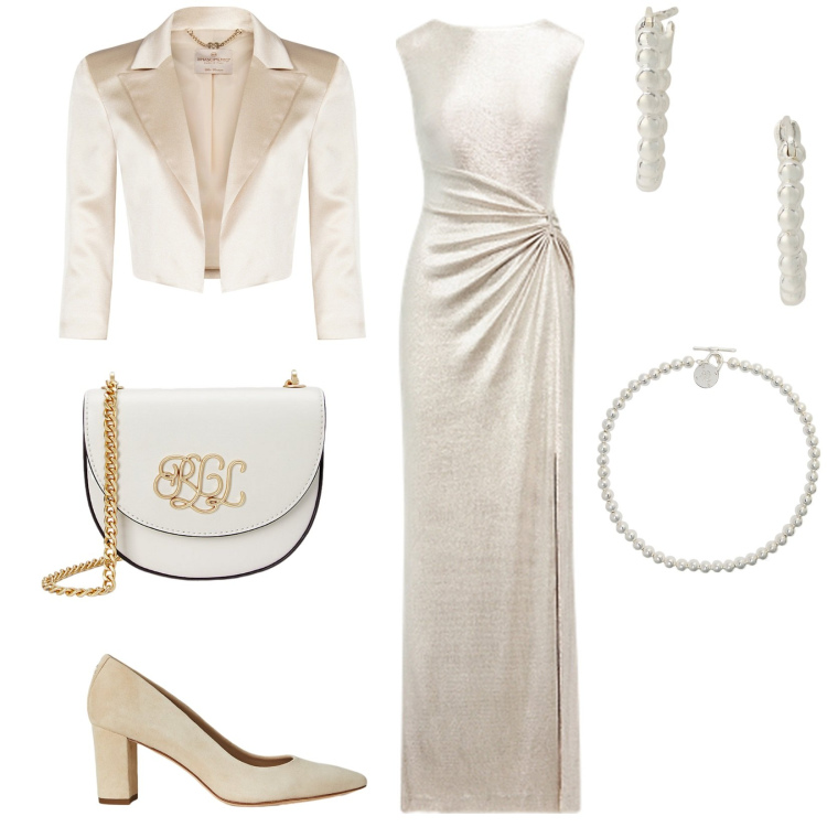 Outfit donna - La sposa minimal. Stile Minimal per Cerimonia. Abbinamento con bolero, collane, orecchini, borse a tracolla, décolleté, vestiti.