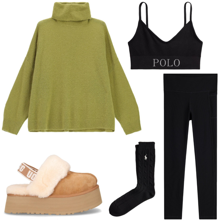 Outfit donna - Homewear. Stile Basic per Tutti i giorni. Abbinamento con maglieria, leggings, reggiseni, calzini, sabot.