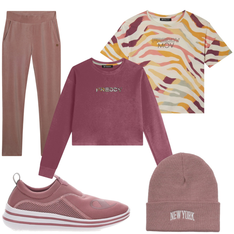 Outfit donna - Total look #2261175. Stile Glamour per Sport. Abbinamento con berretti, pantaloni, felpe, t-shirt, sneakers.
