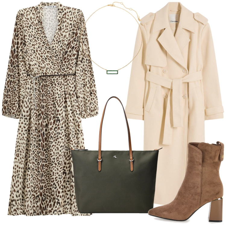 Outfit donna - Total look #2261176. Stile Chic per Tutti i giorni. Abbinamento con trench, vestiti midi/longuette, borse tote, collane, stivaletti.