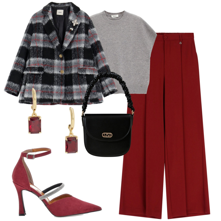 Outfit donna - A cena. Stile Trendy per Serata fuori. Abbinamento con borse a mano, blazer, maglieria, pantaloni a palazzo, orecchini, décolleté.