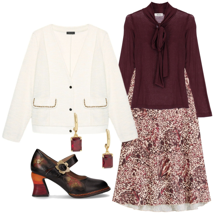Outfit donna - Tea for two. Stile Romantica per Serata fuori. Abbinamento con gonne, top, orecchini, blazer, décolleté.