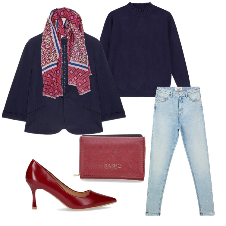 Outfit donna - Aperitivo time. Stile Casual chic per Tutti i giorni. Abbinamento con jeans skinny, maglieria, décolleté, portafogli, foulard, blazer.