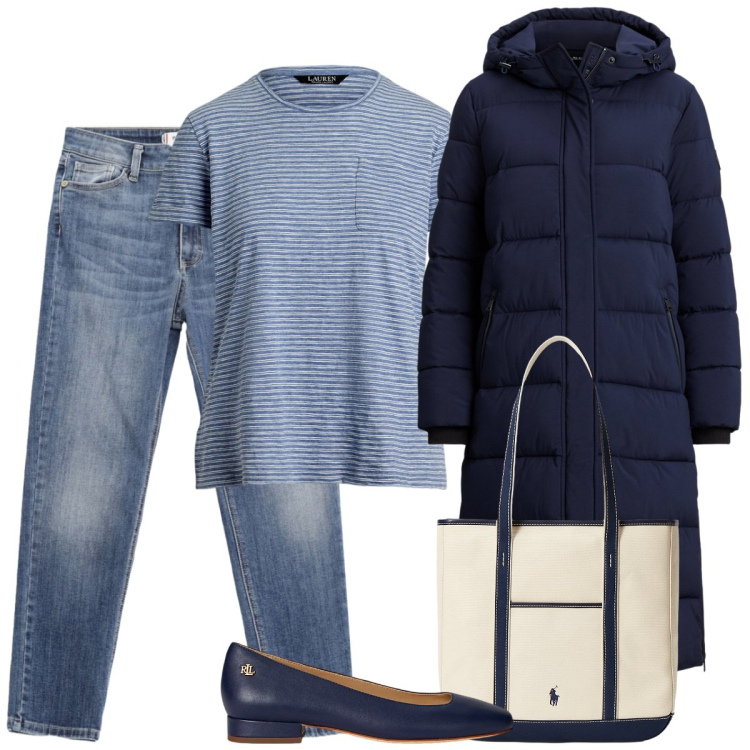Outfit donna - Piumino lungo. Stile Basic per Tutti i giorni. Abbinamento con jeans skinny, ballerine, t-shirt, borse tote, cappotti.