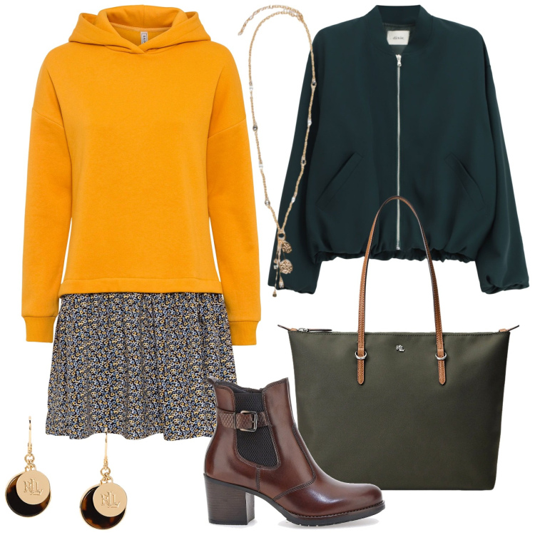 Outfit donna - Autunno a colori. Stile Casual chic per Tutti i giorni. Abbinamento con vestiti, bomber, borse tote, orecchini, stivaletti, ciondoli.