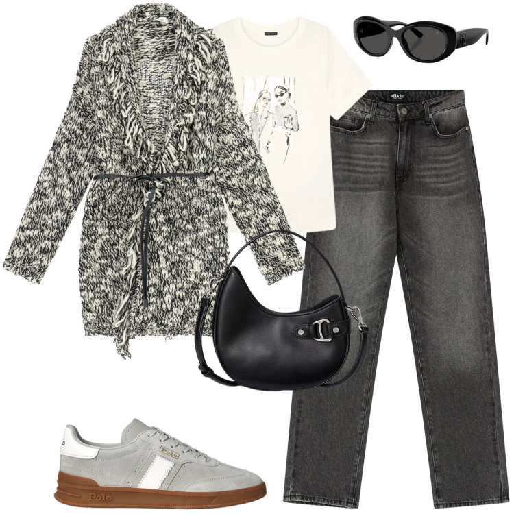 Outfit donna - Ottobre on the street. Stile Casual chic per Tutti i giorni. Abbinamento con cardigans, jeans dritti, occhiali da sole, sneakers, borse a tracolla, t-shirt.