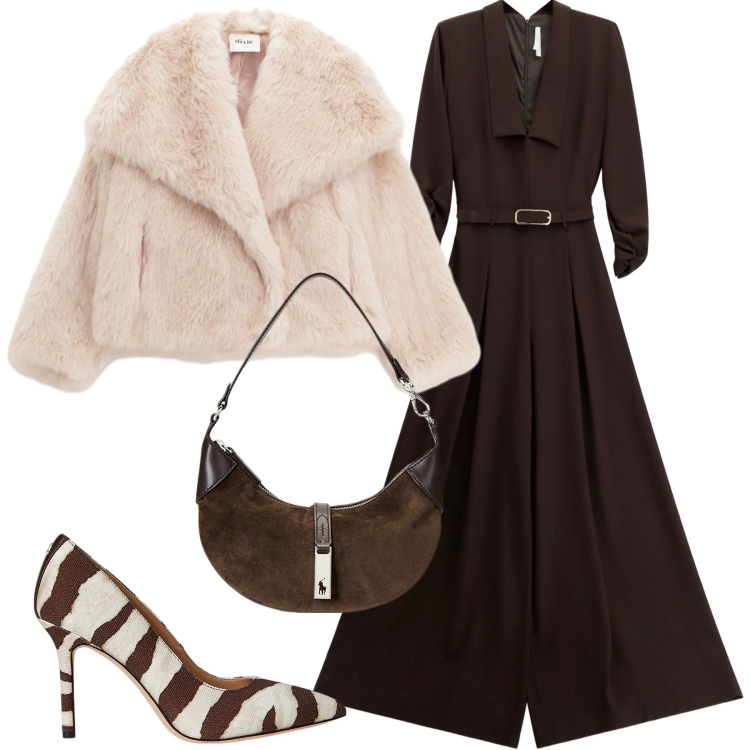 Outfit donna - Romantico autunno. Stile Glamour per Tutti i giorni. Abbinamento con tute, blazer, borse a spalla, décolleté.