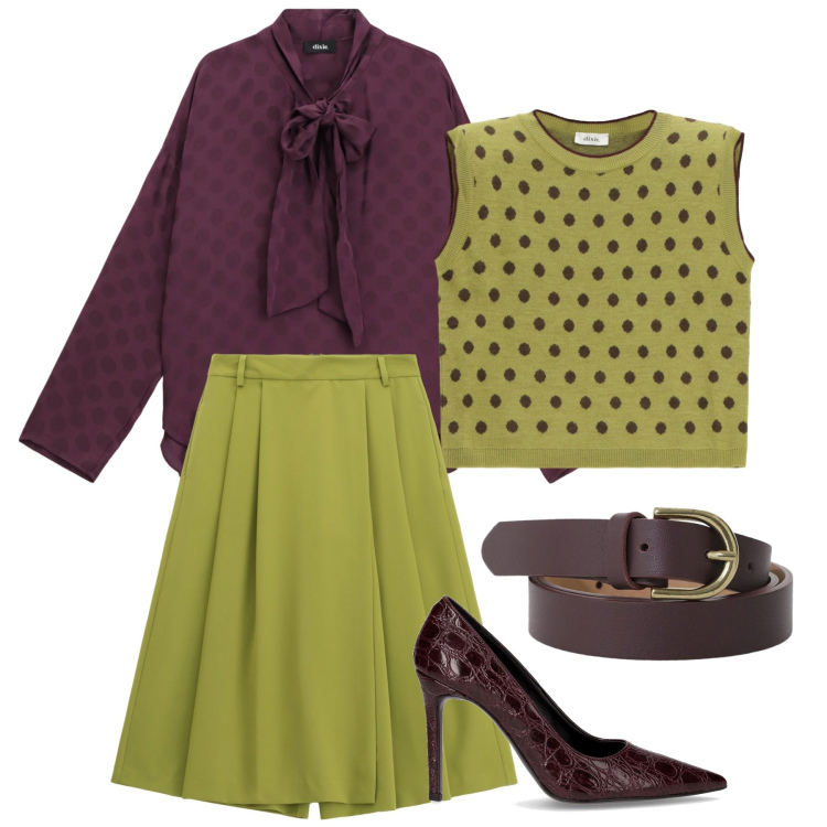 Outfit donna - Bicolore in autunno. Stile Chic per Ufficio. Abbinamento con pantaloni, cinture, bluse, maglieria, décolleté.