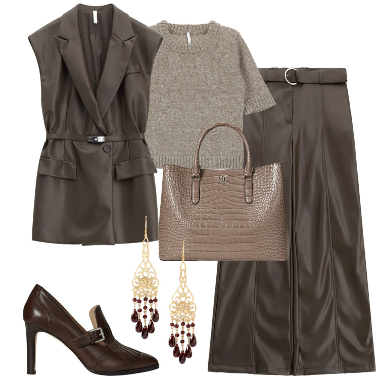Outfit donna - Imperial. Stile Trendy per Tutti i giorni. Abbinamento con gilet, pantaloni, maglieria, décolleté, orecchini, borse a mano.