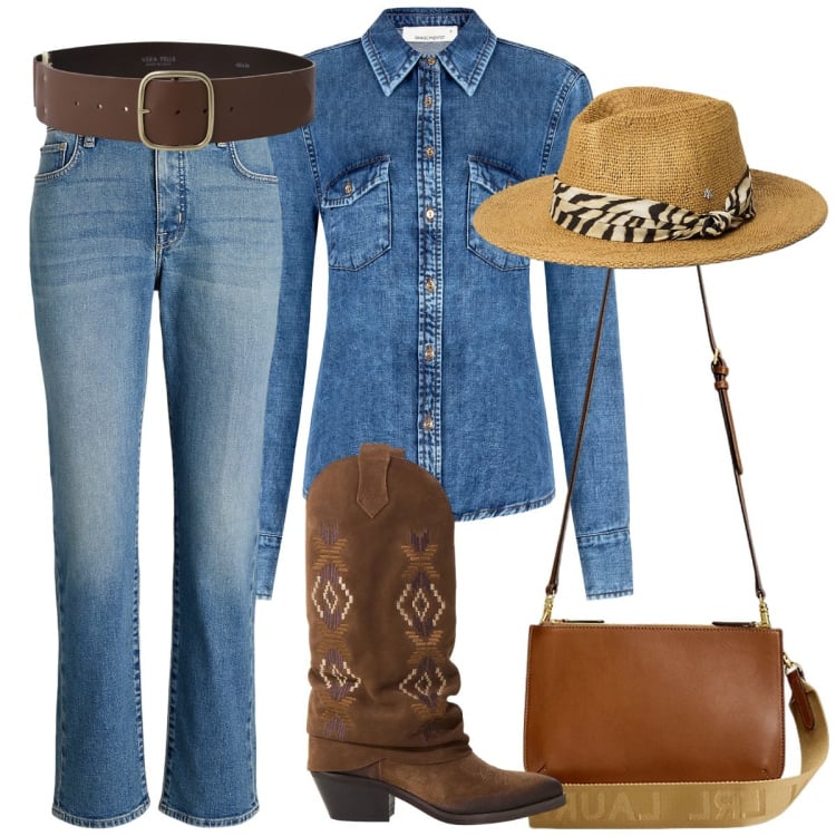 Outfit donna - Stile country. Stile Basic per Tutti i giorni. Abbinamento con stivali, cinture, camicie, borse a tracolla, jeans dritti, cappelli.