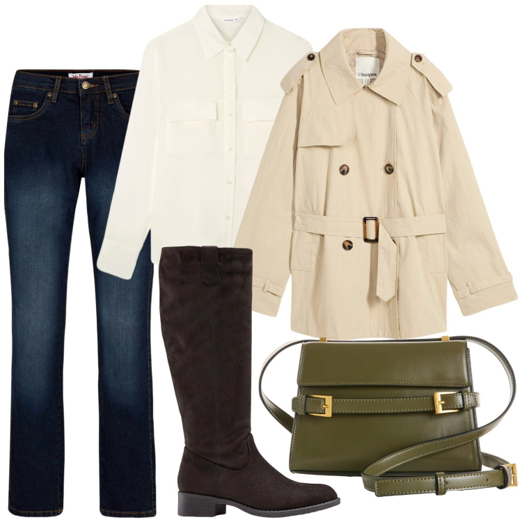 Outfit donna - Total look #2261189. Stile Casual per Tutti i giorni. Abbinamento con jeans dritti, stivali, trench, borse a tracolla, camicie.