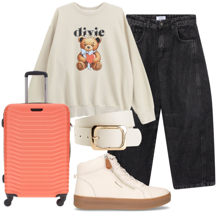 Outfit donna - Total look #2261190. Stile Casual chic per Tutti i giorni. Abbinamento con cinture, jeans, felpe, valigie, sneakers.