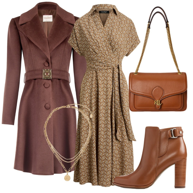 Outfit donna - Favolosa. Stile Basic per Serata fuori. Abbinamento con cappotti, ciondoli, borse a spalla, stivaletti, vestiti chemisier.