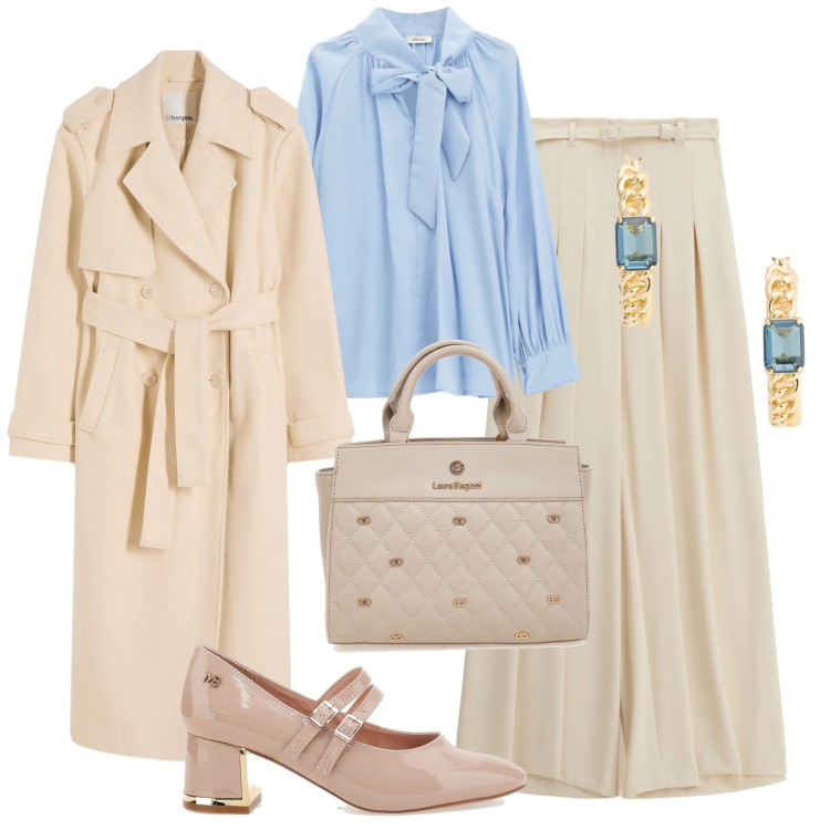 Outfit donna - Dettagli romantici al lavoro. Stile Bon Ton per Ufficio. Abbinamento con trench, pantaloni a palazzo, bluse, orecchini, décolleté, borse a mano.