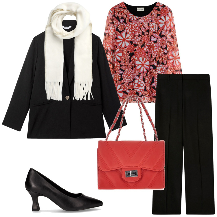 Outfit donna - Total look #2261193. Stile Bon Ton per Ufficio. Abbinamento con maglieria, blazer, pantaloni a palazzo, sciarpe, borse a tracolla, décolleté.