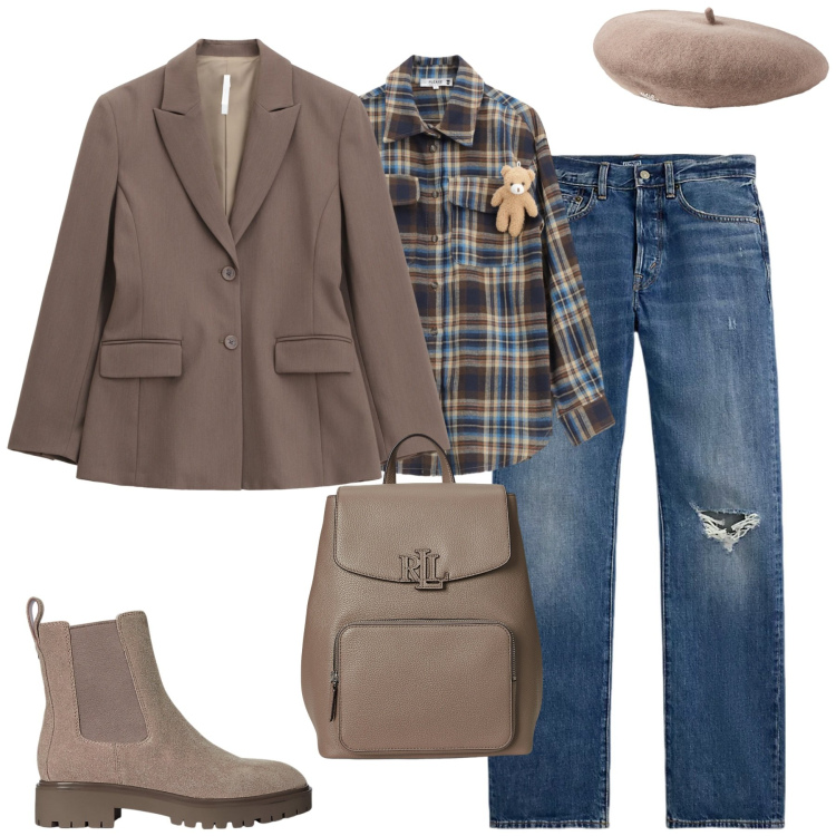 Outfit donna - Ottobre. Stile Casual chic per Tutti i giorni. Abbinamento con camicie, blazer, jeans dritti, stivaletti chelsea, zaini, berretti.