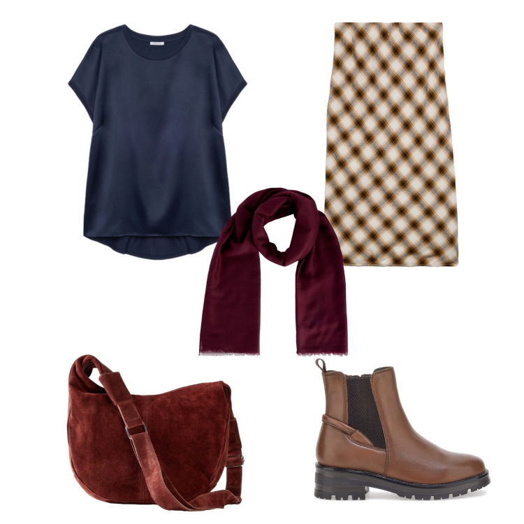Outfit donna - Total look #2261200. Abbinamento con borse a mano, gonne longuette, foulard, stivaletti chelsea, bluse.