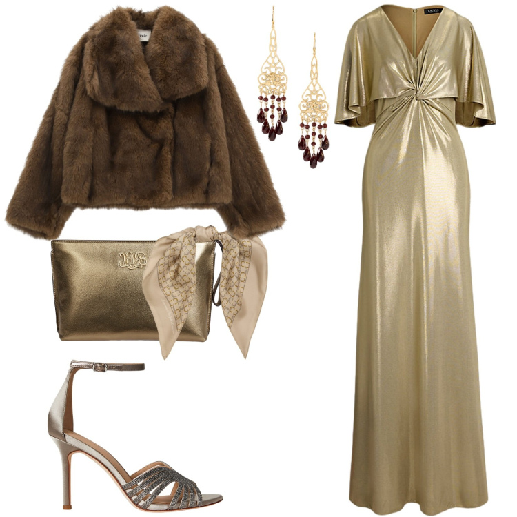 Outfit donna - Occasioni speciali. Stile Glamour per Cerimonia. Abbinamento con blazer, vestiti, orecchini, pochette, sandali gioiello, foulard.