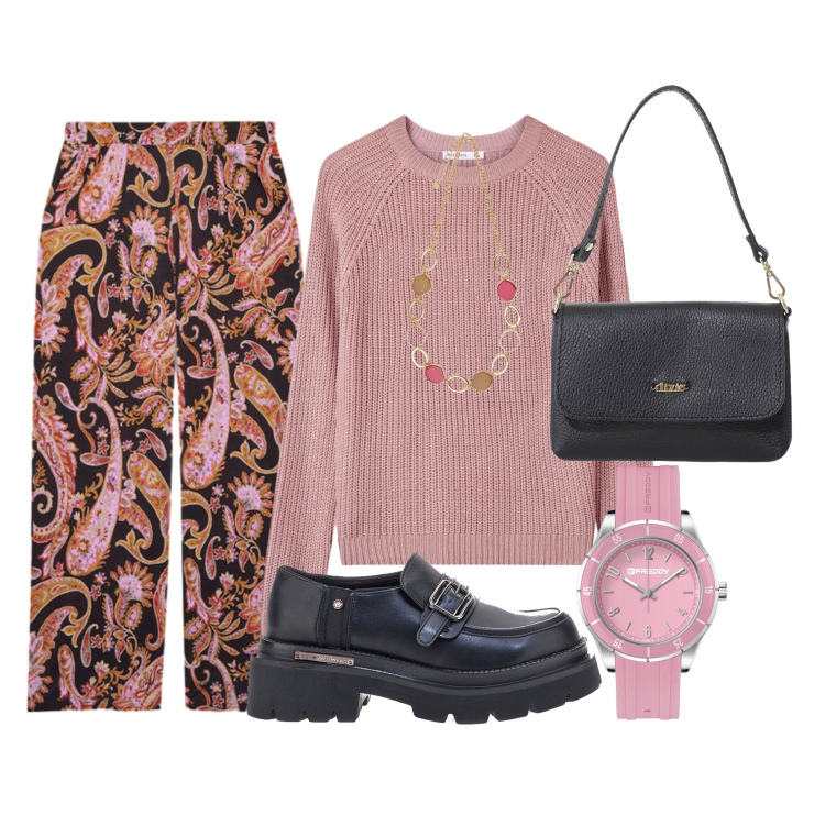 Outfit donna - Dettagli romantici. Stile Romantica per Tutti i giorni. Abbinamento con maglieria, orologi, borse a tracolla, mocassini, collane, pantaloni.