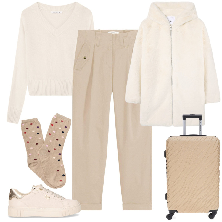 Outfit donna - Minimal autunnale. Stile Minimal per Tutti i giorni. Abbinamento con pantaloni, cappotti, maglieria, sneakers, calzini, valigie.