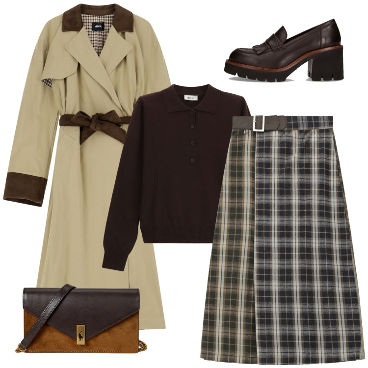 Outfit donna - trench per uno stile vintage. Stile 70s per Ufficio. Abbinamento con gonne, trench, pullovers, clutch, décolleté.