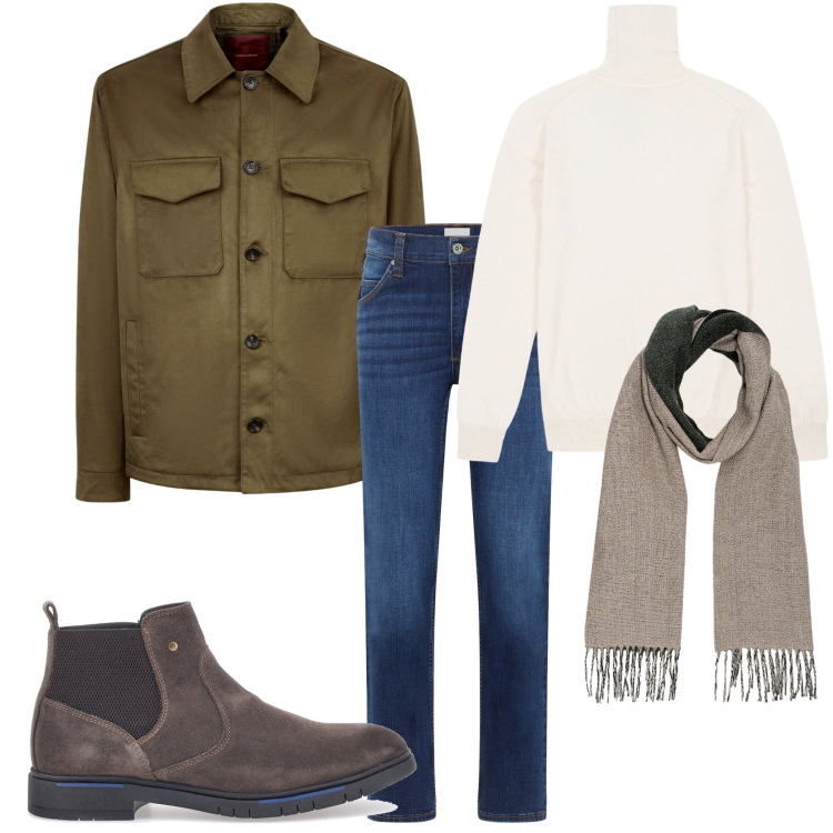 Outfit uomo - Passeggiata autunnale. Stile Urban per Tutti i giorni. Abbinamento con jeans dritti, stivali e stivaletti, giacche, sciarpe, maglieria.