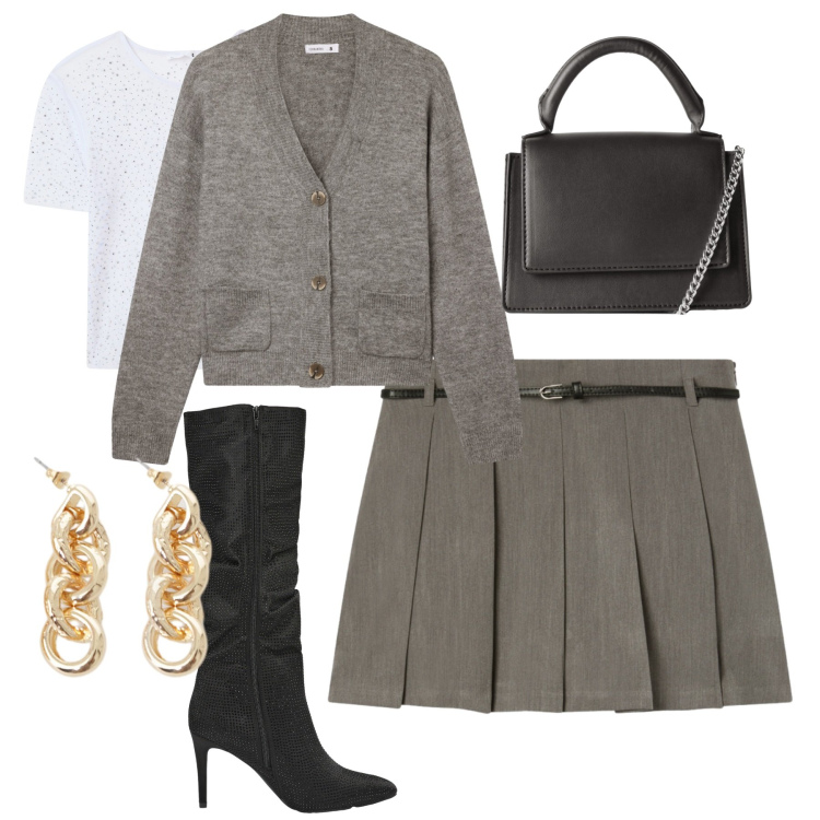 Outfit donna - City. Stile Urban per Tutti i giorni. Abbinamento con t-shirt, borse a tracolla, cardigans, minigonne, stivali, orecchini.