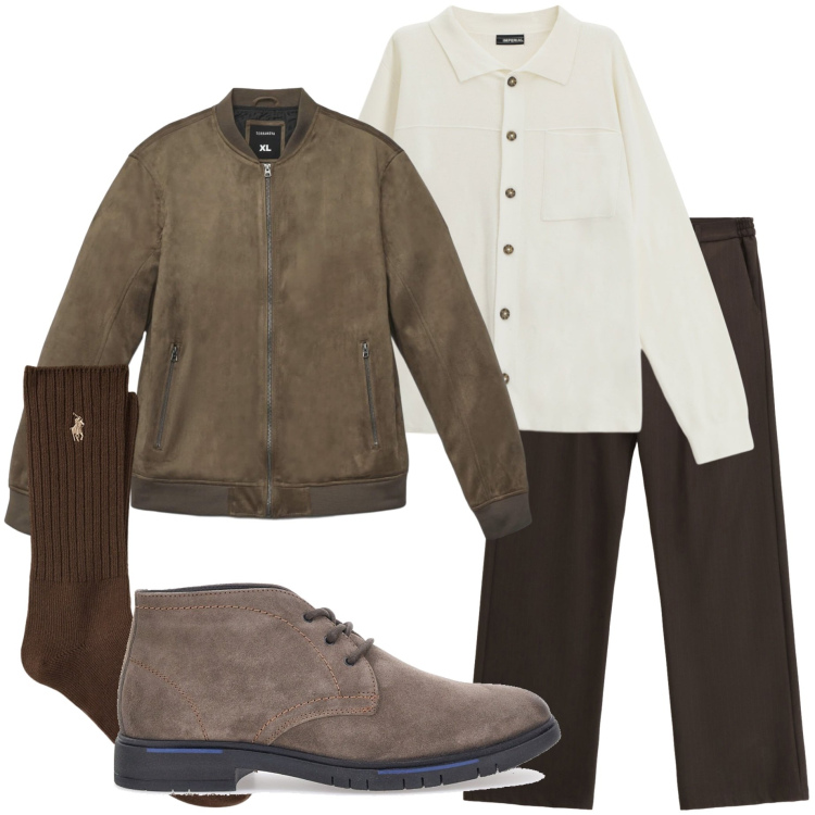 Outfit uomo - Minimal Urbano. Stile Urban per Tutti i giorni. Abbinamento con giacche, pantaloni, cardigans, calzini, scarpe stringate.