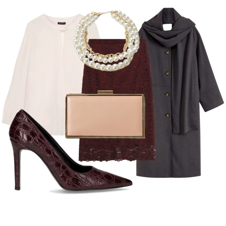 Outfit donna - Total look #2261222. Stile Chic per Serata fuori. Abbinamento con cappotti, pochette, collane, gonne lunghe, décolleté, bluse.