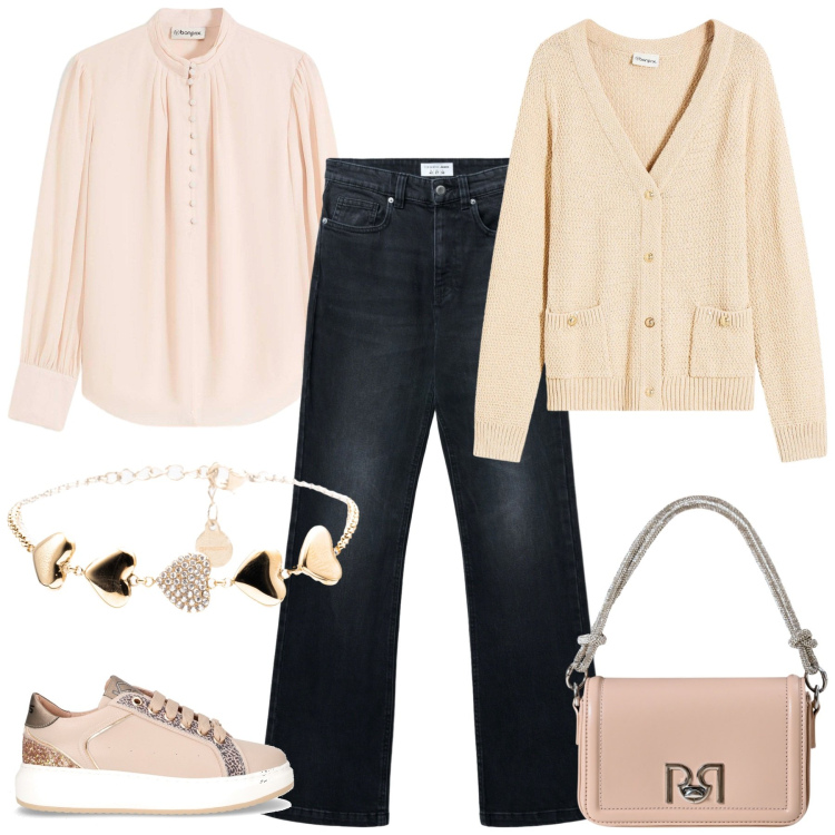 Outfit donna - Atmosfere romantiche. Stile Romantica per Tutti i giorni. Abbinamento con cardigans, bluse, jeans bootcut, borse a mano, braccialetti, sneakers.