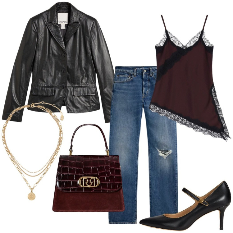 Outfit donna - Serata casual chic. Stile Trendy per Serata fuori. Abbinamento con blazer, borse a mano, canottiere, ciondoli, jeans dritti, décolleté.