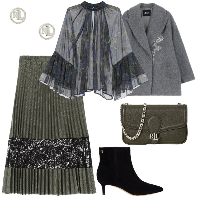 Outfit donna - Cerimonia d\'autunno. Stile Glamour per Cerimonia. Abbinamento con gonne longuette, bluse, cappotti, orecchini, clutch, stivaletti.