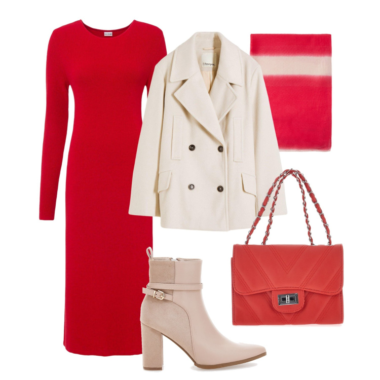 Outfit donna - Rosso glam in città - @laurafo. Stile Glamour per Tutti i giorni. Abbinamento con vestiti, caban, stivaletti, borse a tracolla, stole.