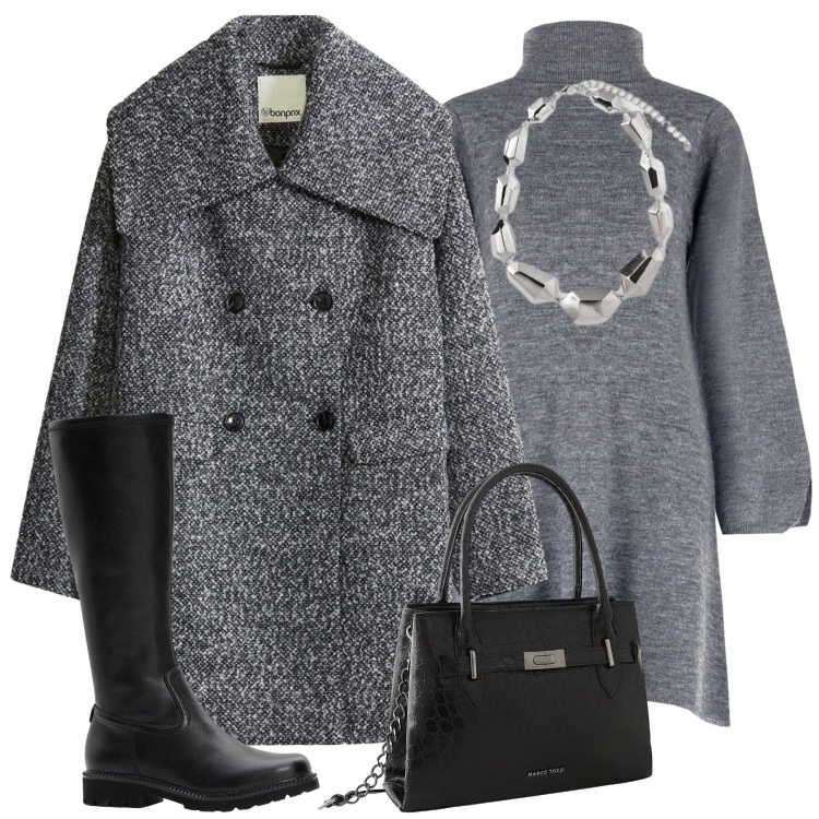 Outfit donna - City. Stile Minimal per Tutti i giorni. Abbinamento con cappotti, stivali, borse a mano, vestiti corti, ciondoli.