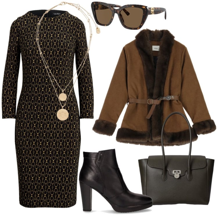 Outfit donna - Cena in famiglia. Stile Casual chic per Serata fuori. Abbinamento con cinture, vestiti a tubino, ciondoli, occhiali da sole, borse a mano, stivaletti.
