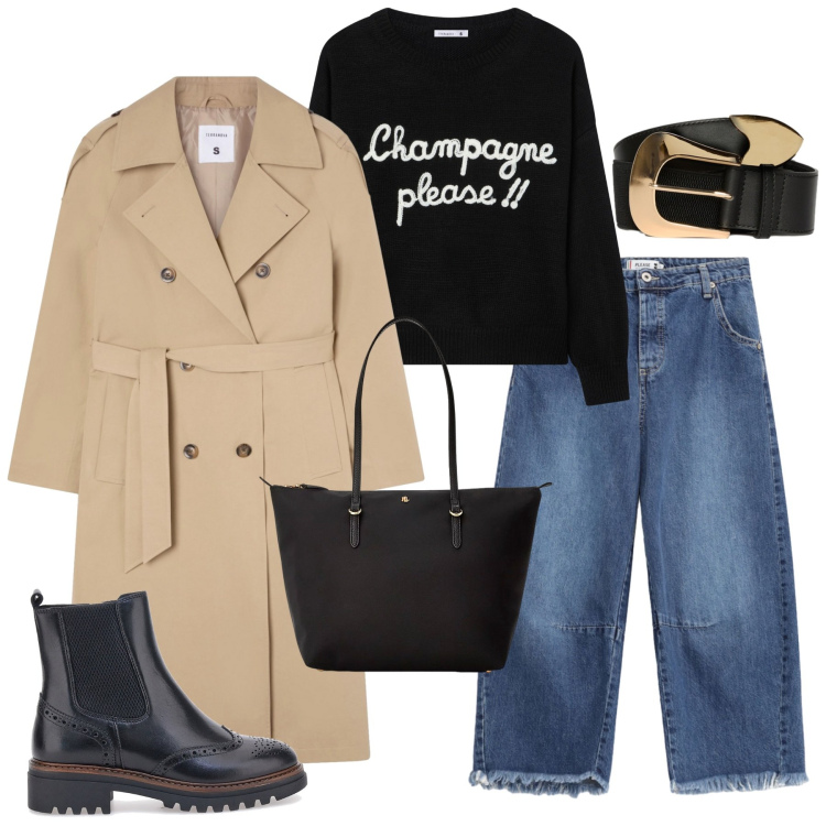 Outfit donna - Trench season. Stile Urban per Tutti i giorni. Abbinamento con maglieria, trench, jeans, borse tote, stivaletti chelsea, cinture.
