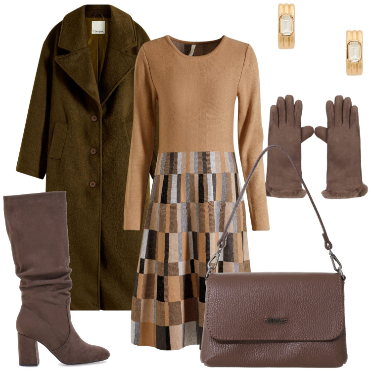 Outfit donna - Abito in maglia svasato. Stile Glamour per Tutti i giorni. Abbinamento con vestiti, cappotti, guanti, borse a tracolla, orecchini, stivali sopra il ginocchio.