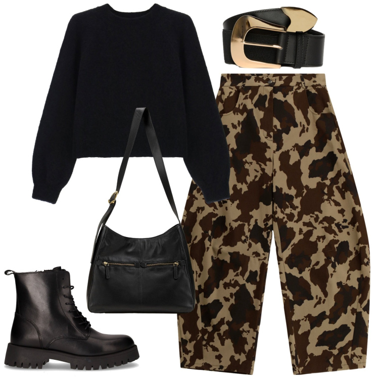 Outfit donna - Ottobre. Stile Rock per Tutti i giorni. Abbinamento con borse a mano, pantaloni a palazzo, maglieria, anfibi, cinture.