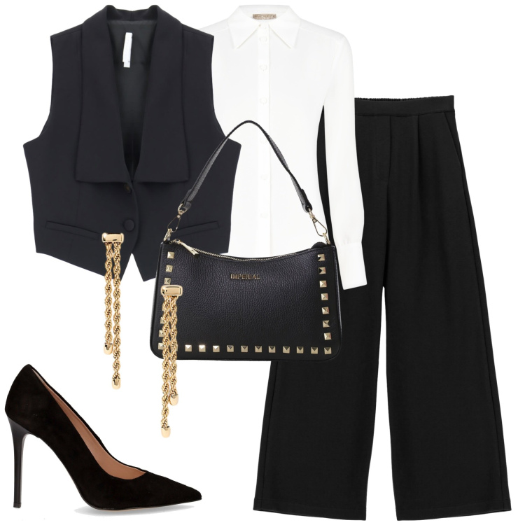 Outfit donna - B&W. Stile Chic per Tutti i giorni. Abbinamento con camicie, gilet, pochette, pantaloni a palazzo, orecchini, décolleté.