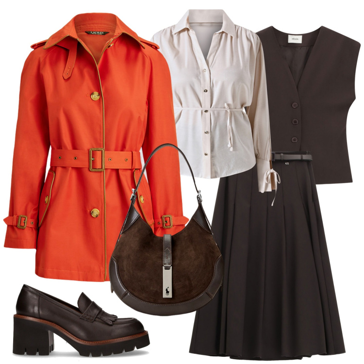 Outfit donna - Trench season. Stile Trendy per Ufficio. Abbinamento con camicie, gonne longuette, gilet, trench, borse a spalla, décolleté.