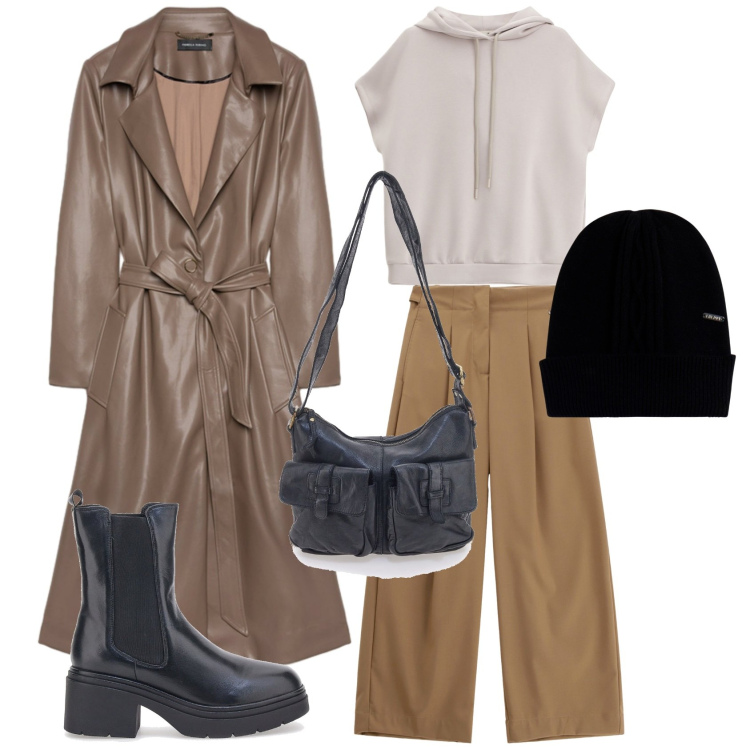 Outfit donna - Metropolitano. Stile Urban per Tutti i giorni. Abbinamento con cappelli, felpe con cappuccio, pantaloni a palazzo, trench, borse a tracolla, stivaletti chelsea.