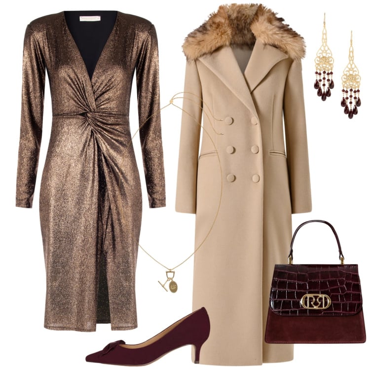 Outfit donna - Cerimonia d\'ottobre. Stile Vintage retrò per Cerimonia. Abbinamento con vestiti a tubino, cappotti, borse a mano, décolleté, ciondoli, orecchini.