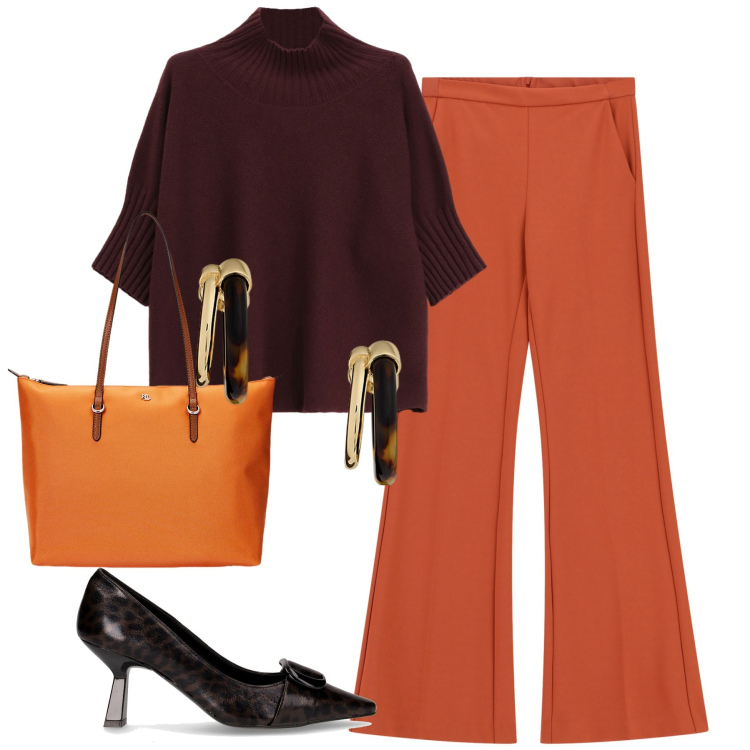 Outfit donna - Arancio e marrone. Stile Glamour per Tutti i giorni. Abbinamento con pantaloni, maglieria, borse tote, orecchini, décolleté.