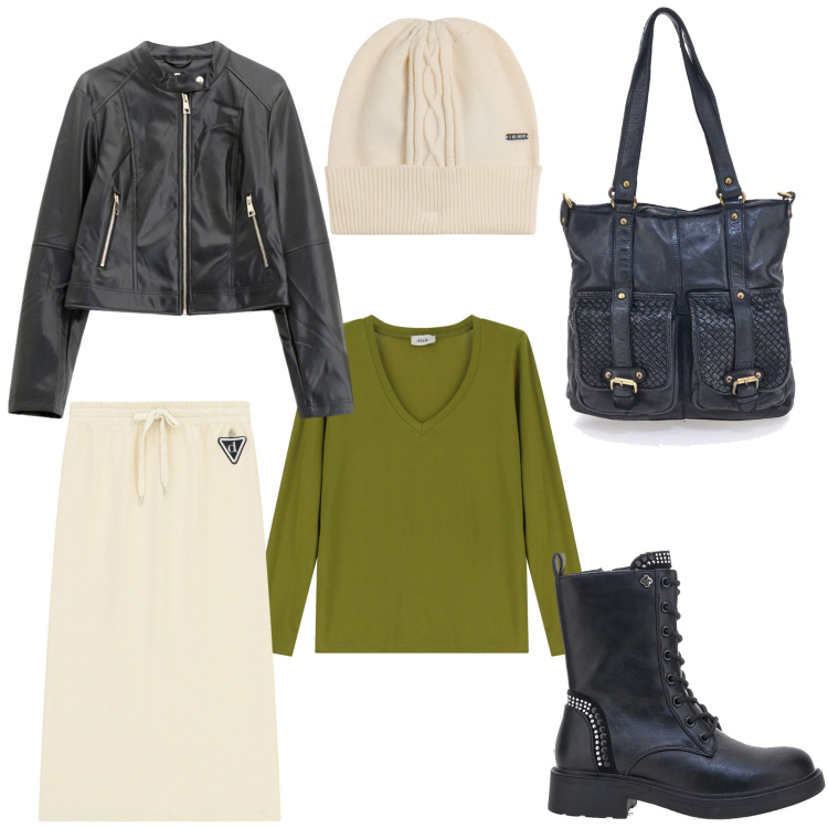 Outfit donna - Un tramonto d\'ottobre. Stile Rock per Tutti i giorni. Abbinamento con giacche, berretti, gonne longuette, t-shirt, anfibi, borse a spalla.