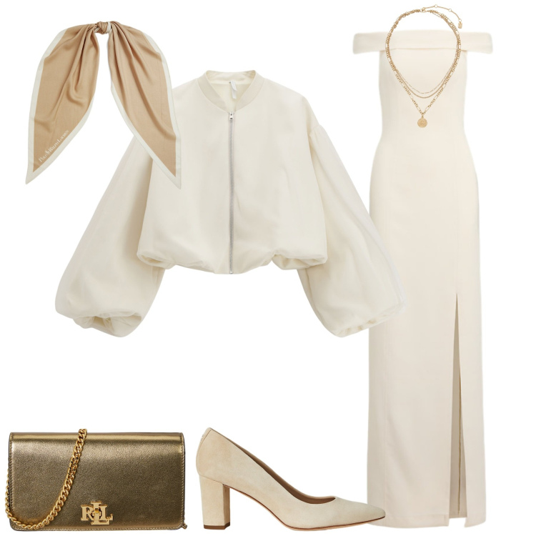 Outfit donna - Serata romantica. Stile Chic per Serata fuori. Abbinamento con bomber, vestiti lunghi, décolleté, foulard, borse a mano, ciondoli.