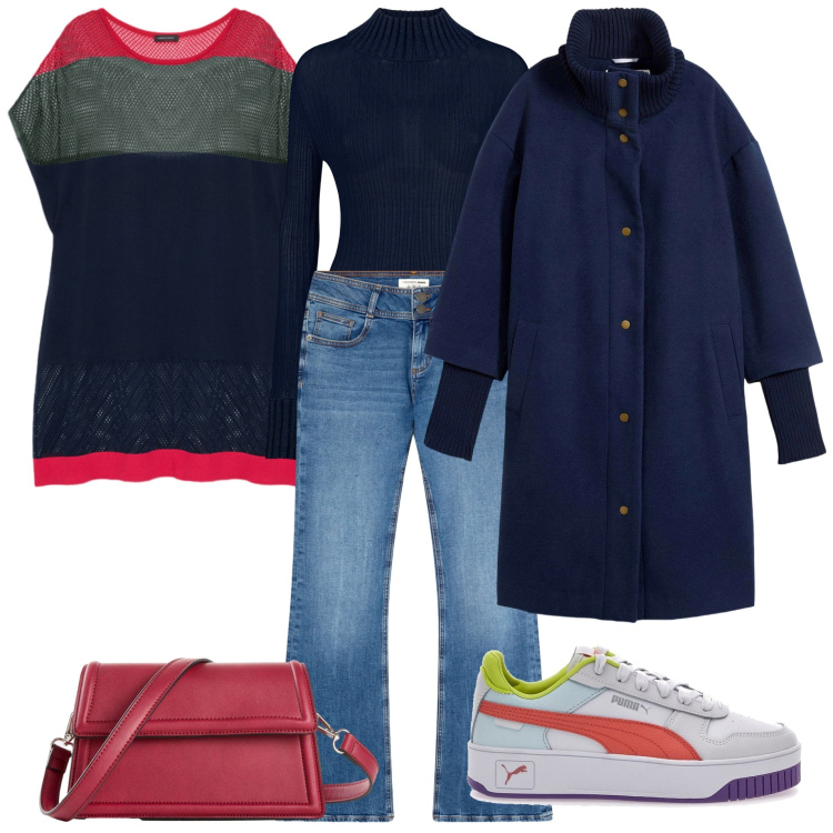 Outfit donna - I love blue. Stile Casual per Tutti i giorni. Abbinamento con cappotti, borse a tracolla, jeans a zampa, sneakers, maglieria, bluse.