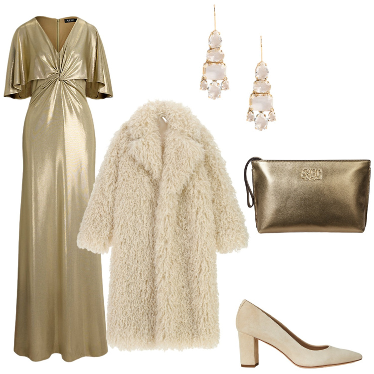 Outfit donna - Serata di gala. Stile Chic per Serata fuori. Abbinamento con cappotti, vestiti, décolleté, orecchini, pochette.