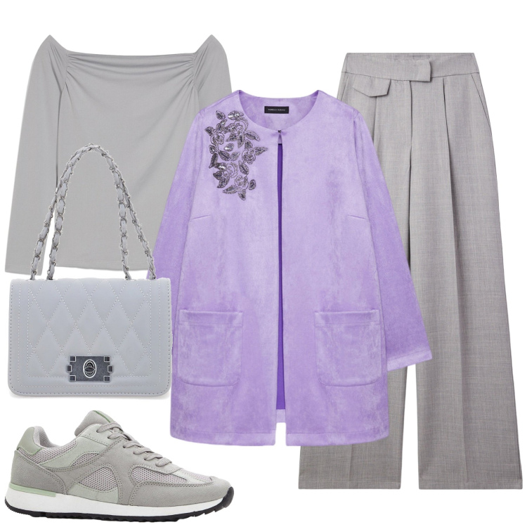 Outfit donna - Capospalla lavanda. Stile Casual chic per Tutti i giorni. Abbinamento con sneakers, maglieria, pantaloni, borse a tracolla, trench.